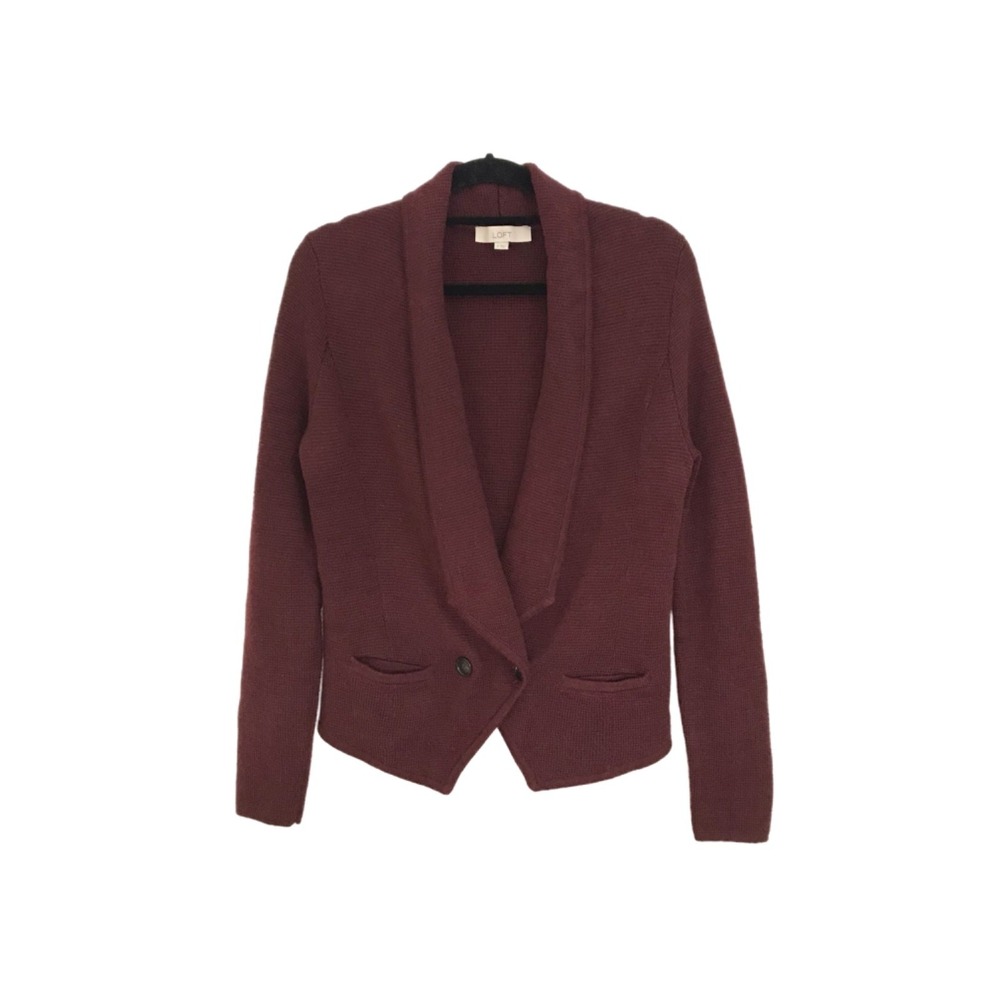Ann Taylor Loft Cardigan Sweater Burgundy Wool Blend Knit Blazer Top Size M